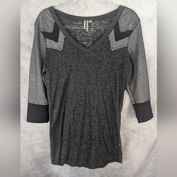 BKE Size Large Blouse With Glitter Sleeves And Sheer Bodice - Picture 1 of 10